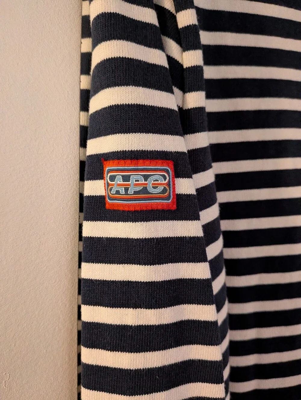 A.P.C. Rue Madame Paris Breton Striped Long Sleeve Tee XL Navy White Logo Patch